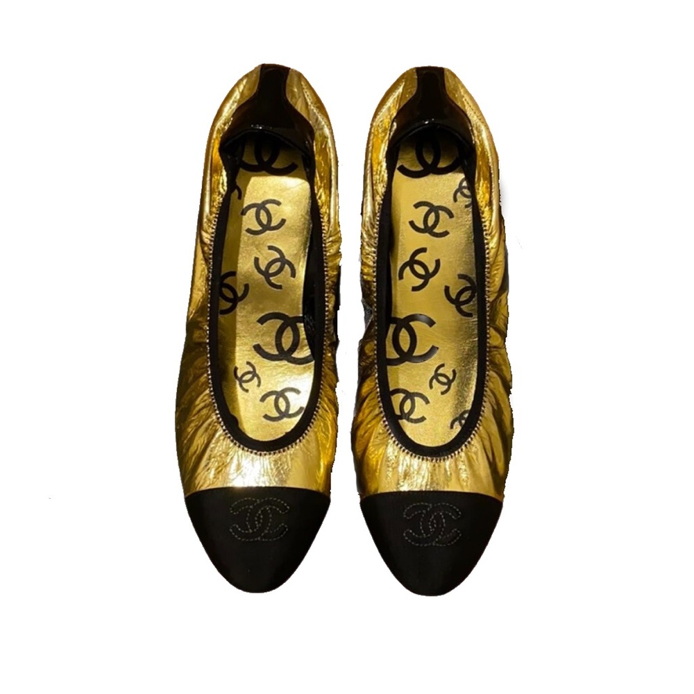 NEW IN BOX Authentic Chanel Gold & Black CC Logo Ballerina Ballet Flats 41.5 - Picture 9 of 14